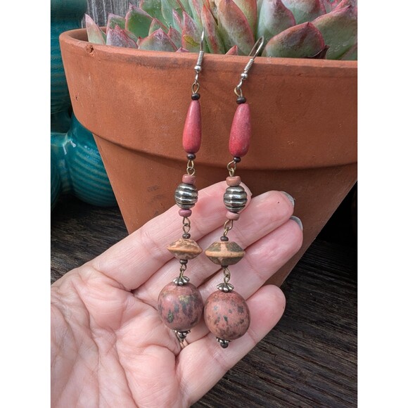 Vintage Wood Bead Dangle Earrings: Bohemian Earrings - Picture 3 of 13